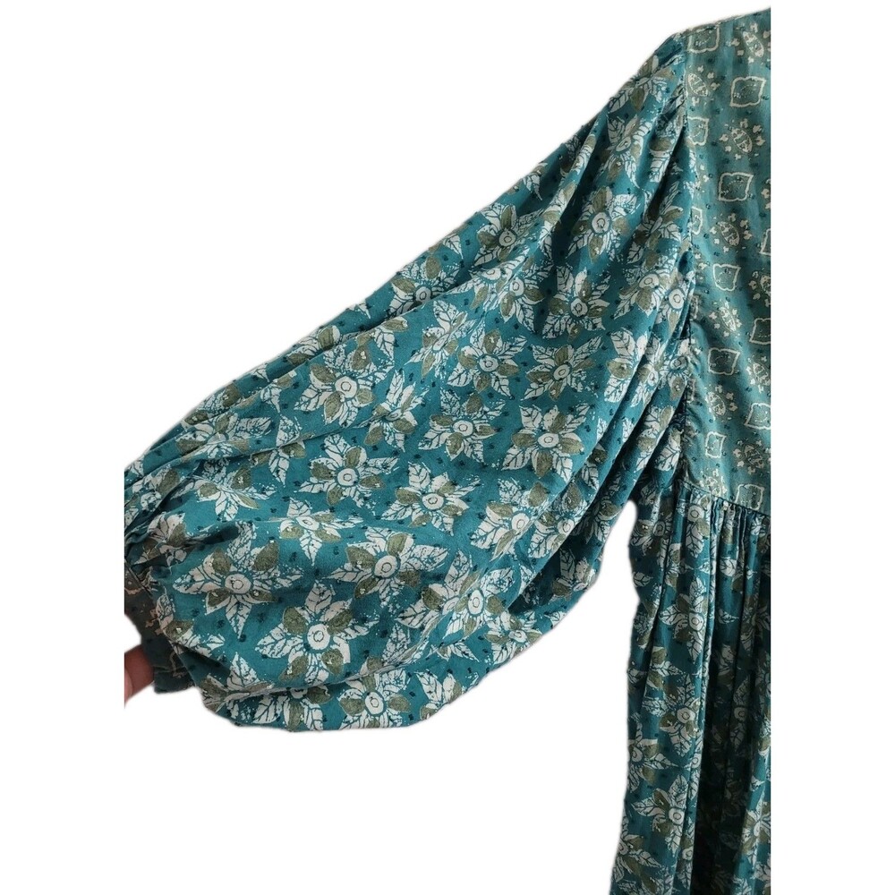 Free People Hazy Maisy Slouchy Maxi Dress Small Teal Floral Balloon Sleeve Boho - Picture 3 of 11